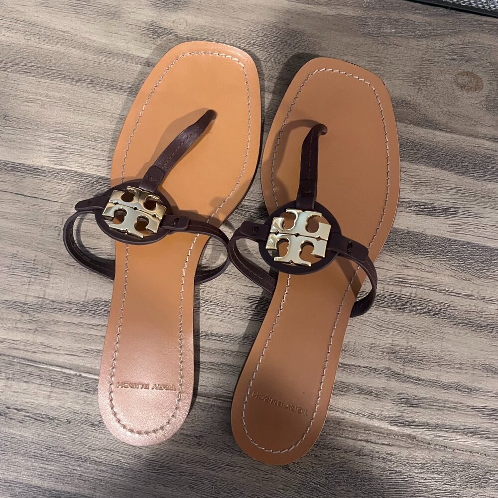 Tory Burch Miller Flip Flop Sandals, Brown, Gold, Size 9